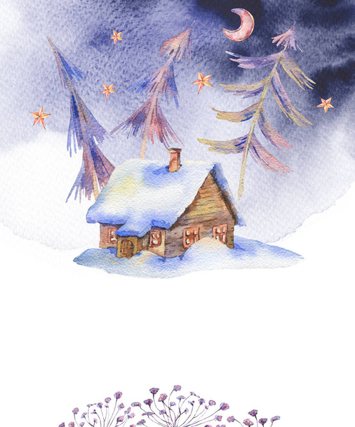 Talvi akvarelli vintage kortti talon peitossa lunta
 - Valokuva, kuva