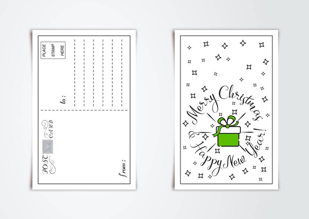 Nieuwjaar wenskaart design met lijntekeningen gestileerde kerstcadeau en sneeuwvlokken. Vectorillustratie - Vector, afbeelding