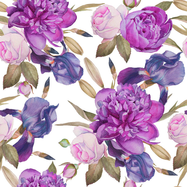 Floral seamless pattern with hand drawn watercolor peonies, roses and irises - Valokuva, kuva