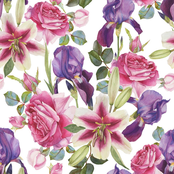 Floral seamless pattern with hand drawn watercolor lilies, roses and iris  - Photo, image