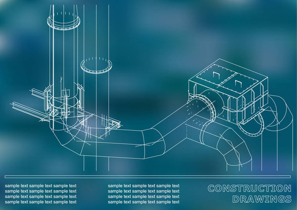 Disegni di costruzione. Costruzione in metallo 3D. Tubi, tubazioni. Copertina, sfondo per il testo. Blu
 - Vettoriali, immagini