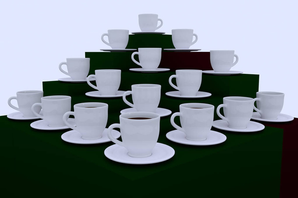 3D-Abbildung vieler weißer Kaffeetassen mit Untertasse - Foto, Bild