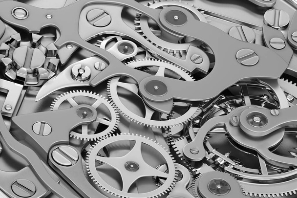Clock machinery 3D rendering with gears close-up view grayscale - Photo, Image