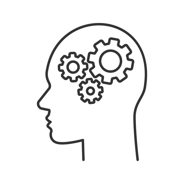 Human head with cogwheels inside linear icon. Artificial intelligence. Technology progress. Thin line illustration. Robot. Contour symbol. Vector isolated outline drawing - Vector, Image