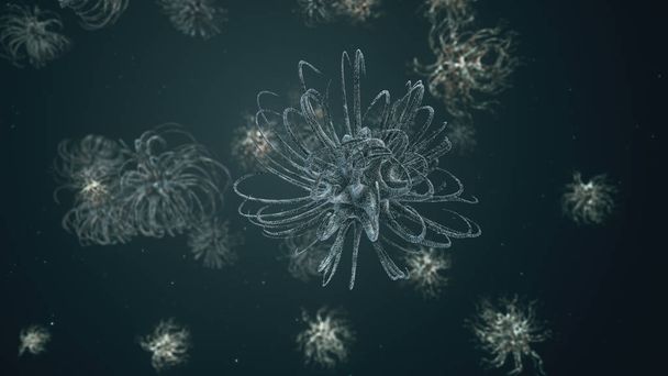 Vírus bacteriano ou germes célula de microrganismo sob microscópio com profundidade ilustração 3d
 - Foto, Imagem