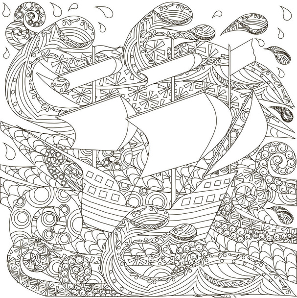 Hand drawn zentangle ship on waves antistres coloring boock stock vector illustration - Вектор,изображение