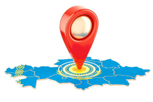 Kaart van de aanwijzer op de kaart van Kazachstan, 3D-rendering - Foto, afbeelding