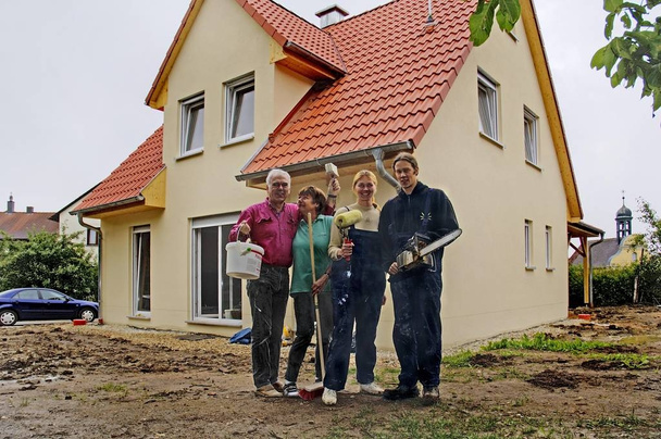 People on house construction site Nuremberg Bavaria Germany - Zdjęcie, obraz