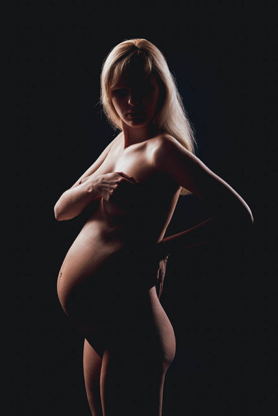 Silhouette of beautiful nude pregnant woman. Low key light - Foto, afbeelding