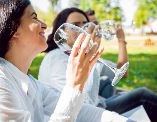 Young beautiful girls with glasses of red wine in the park. - Foto, imagen