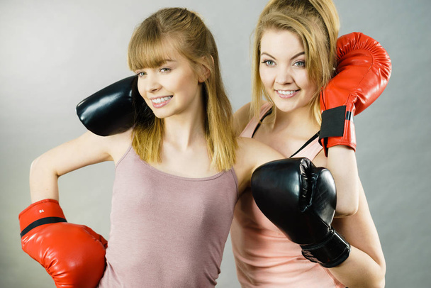 Two women friends wearing boxing gloves - Zdjęcie, obraz