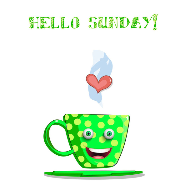Мила мультяшна зелена усміхнена чашка з текстом привіт неділя
 - Вектор, зображення