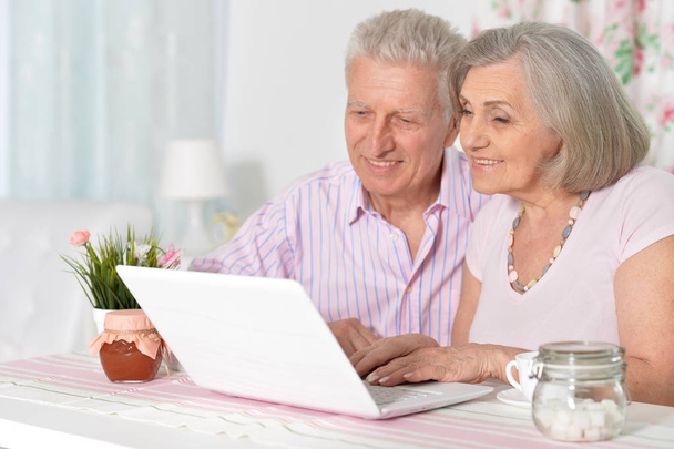 portrait of happy beautiful senior couple using laptop at home - Foto, afbeelding
