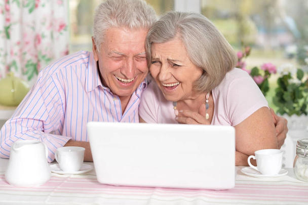 portrait of happy beautiful senior couple using laptop at home - Photo, Image