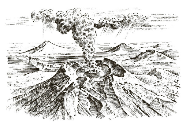 volcano activity with magma, smoke before the eruption and lava or nature disaster. for travel, adventure. mountain landscapes. engraved hand drawn in old sketch, vintage style. - Vector, Image
