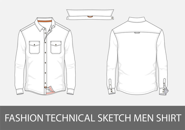 Fashion technical sketch men shirt with long sleeves and patch pockets in vector. - Διάνυσμα, εικόνα