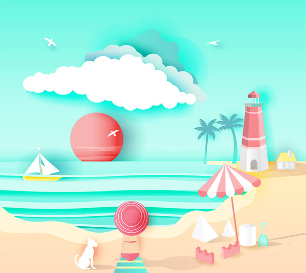  beach landscape with  happy family, paper art style on pastel color background.vector illustration - Vetor, Imagem