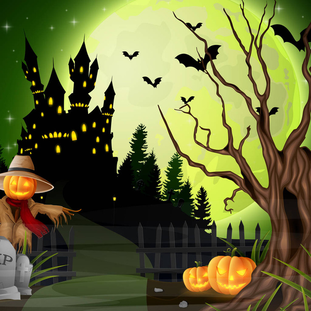 Halloween background with scarecrow and pumpkins - Vector, Image
