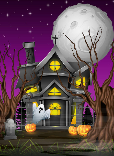Scary Halloween background with ghost and church - Vector, Image