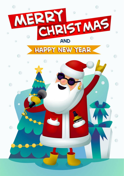 Cool rock star Santa. Singing Santa Claus with merry christmas and Happy New Year inscription. Christmas tree and presents on background. Christmas poster for party Xmas greeting card. Vector - Vector, Image