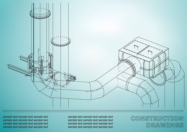 Construction drawings. 3D metal construction. Pipes, piping. Cover, background for text. Light blue - Vector, Image