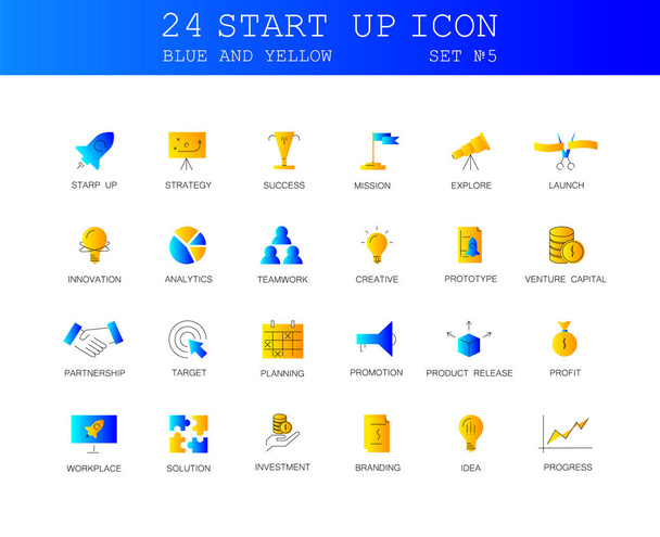 Blue and yellow Line icons set. Start Up pack. Vector illustration. - Vector, Image