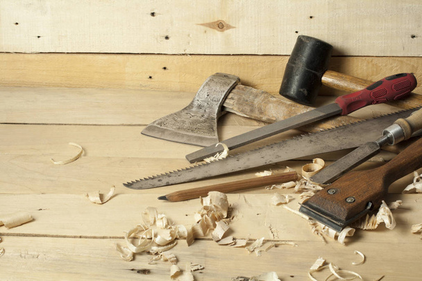 Construction tools on wooden background.Copy space for text. - Фото, зображення