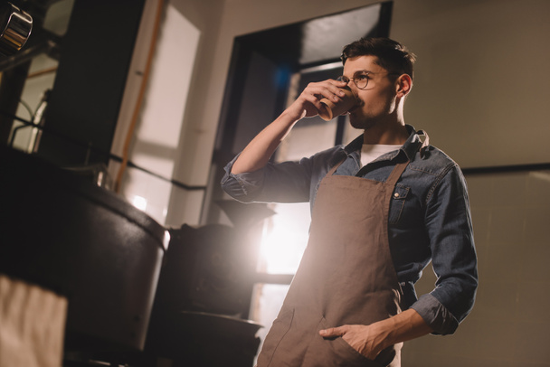 ρόστερ καφέ πίνοντας καφέ ενώ έχοντας σπάσει κατά τη διάρκεια εργασιών - Φωτογραφία, εικόνα