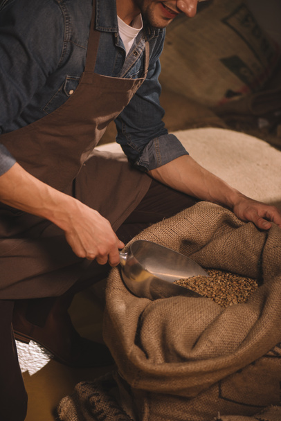 partial view of worker gathering coffee beans with metal scoop from sack bag - Photo, Image