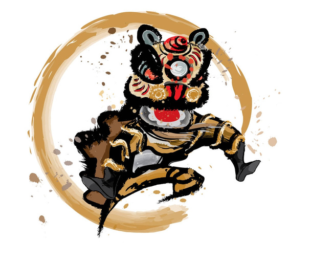 An isolated jumping Chinese lion in various colors and presented in splashing ink drawing style. Vector. - Vector, Image