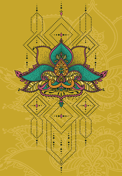 Güzel soyut süsleme, stilize lotus çiçeği ve geometrik dekor elementleri Hint tarzı, dövme veya mehndi için kullanılabilir, illüstrasyon vektör - Vektör, Görsel