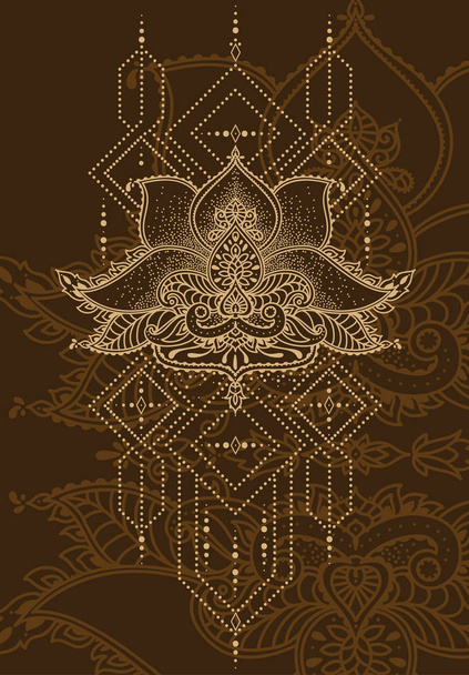 Beautiful abstract ornament, stylized lotus flower and geometric decorative elements in indian style, can be used for tattoo or mehndi, vector illustration - Вектор,изображение
