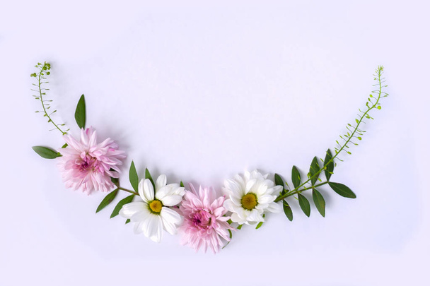 Semicircle Frame of chamomiles, branches, leaves and lilac petals on white background. Flat lay, top view - Photo, Image