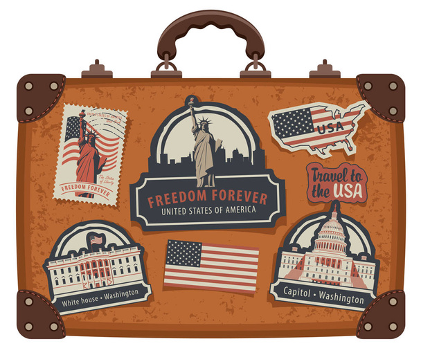 suitcase with American symbols and monuments - Vettoriali, immagini