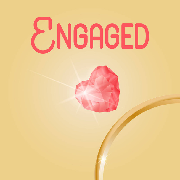 Bruiloft achtergrond met gouden ringen en edelsteen. Offerte typografie Engaged belettering - Vector, afbeelding