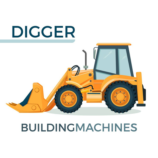 Modern solid building machine digger with spacious cabin - Vector, Image