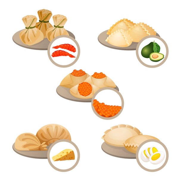 Gâteries dim-sum en assiettes ensemble de pâte enveloppée avec des crevettes
, - Vecteur, image