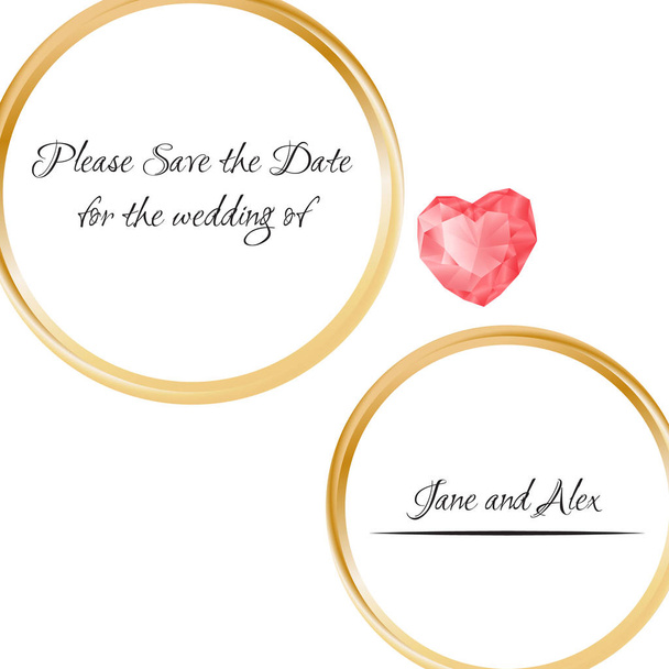Anillos de boda. Guardar la fecha Tarjeta de invitación. Ilustración vectorial aislada sobre fondo blanco con letras
 - Vector, Imagen