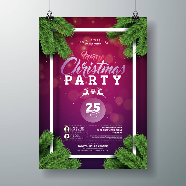 Vector Christmas Party Flyer Design with Holiday Typography Elements and Pine Branch on Violet Background. Premium Celebration Poster Illustration for Your Event Invitation. - Vektor, Bild