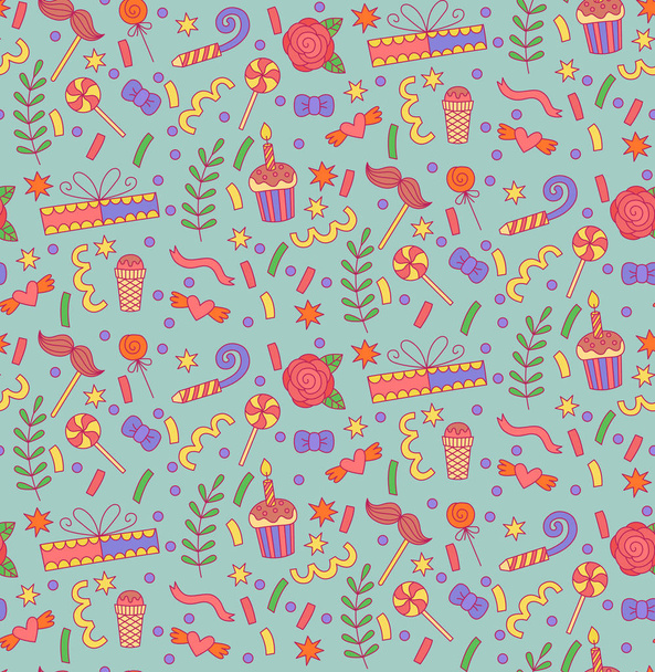 Party birthday doodle icons seamless vector pattern - Вектор,изображение