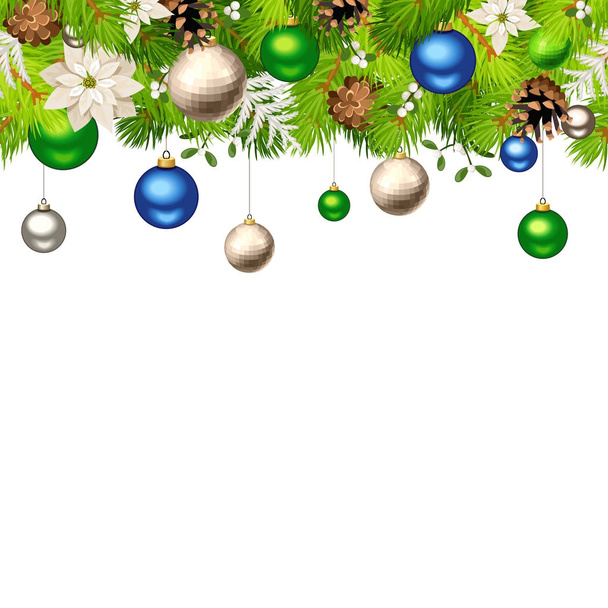 Wektor Boże Narodzenie poziomy bezszwowe tło niebieskie, zielone i srebrne kulki, gałęzie jodły zielone, kwiaty poinsettia biały i szyszki. - Wektor, obraz