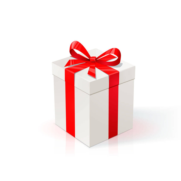 Λευκό χαρτόνι κουτί με κόκκινη κορδέλα και φιόγκο. Δώρο πλαίσιο σε λευκό φόντο. Χαρούμενα γενέθλια γάμο Χριστούγεννα νέο έτος ή πακέτο για την ημέρα Αγίου Βαλεντίνου σχεδιασμός. - Διάνυσμα, εικόνα