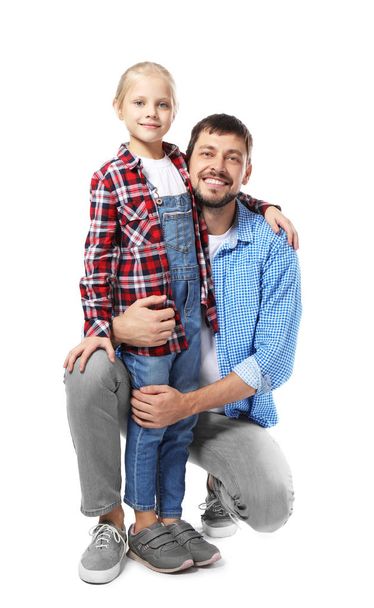 Cute little girl with her father on white background - Foto, afbeelding