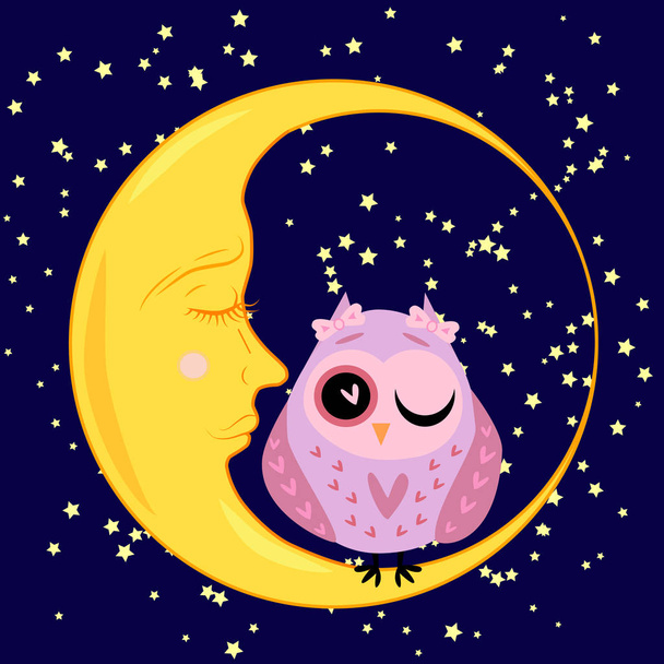 cute cartoon sleeping owl in circles with closed eyes sits on a drowsy crescent among the stars - Вектор,изображение