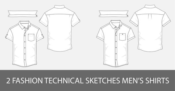 2 Модні технічні ескізи чоловічої сорочки з короткими рукавами та накладними кишенями у векторі
. - Вектор, зображення