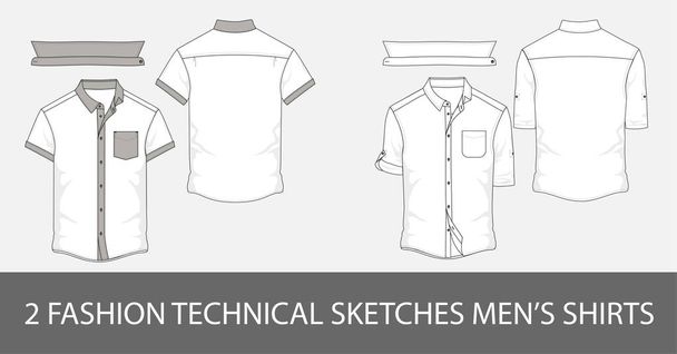 2 Bocetos técnicos de moda camisa de hombre con mangas cortas y bolsillos de parche en vector
. - Vector, Imagen