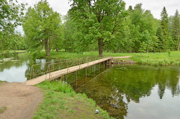 ponte de madeira do outro lado do rio. - Foto, Imagem