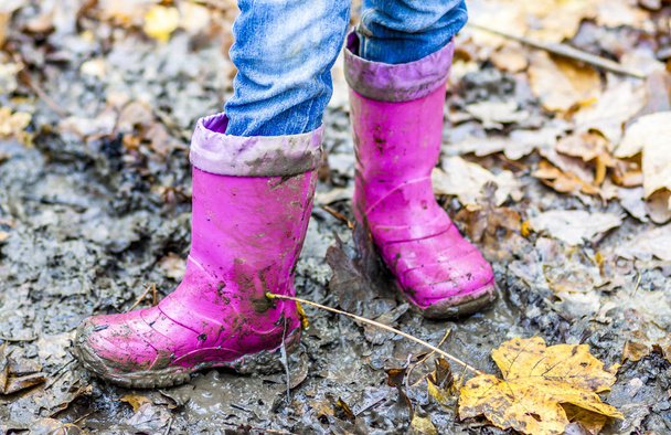 Little girl with pink wellys in the puddle - Photo, image