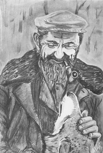 A bearded man with a smoking pipe. The man stroking the dog. - Fotó, kép