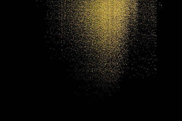 Gold glitter isolated on black background. Festive overlay texture. Golden confetti explosion - Photo, Image